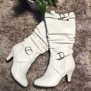 New White Buckled Ruched Heeled Boots Mid Calf